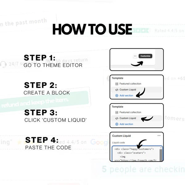 Step-by-step guide on how to use Shopify Liquid code snippets — go to theme editor, create a block, click custom liquid, and paste the code