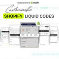 Customizable Shopify Liquid code snippets by TaskElevate showing product page UI elements including add to cart, reviews, and shipping details
